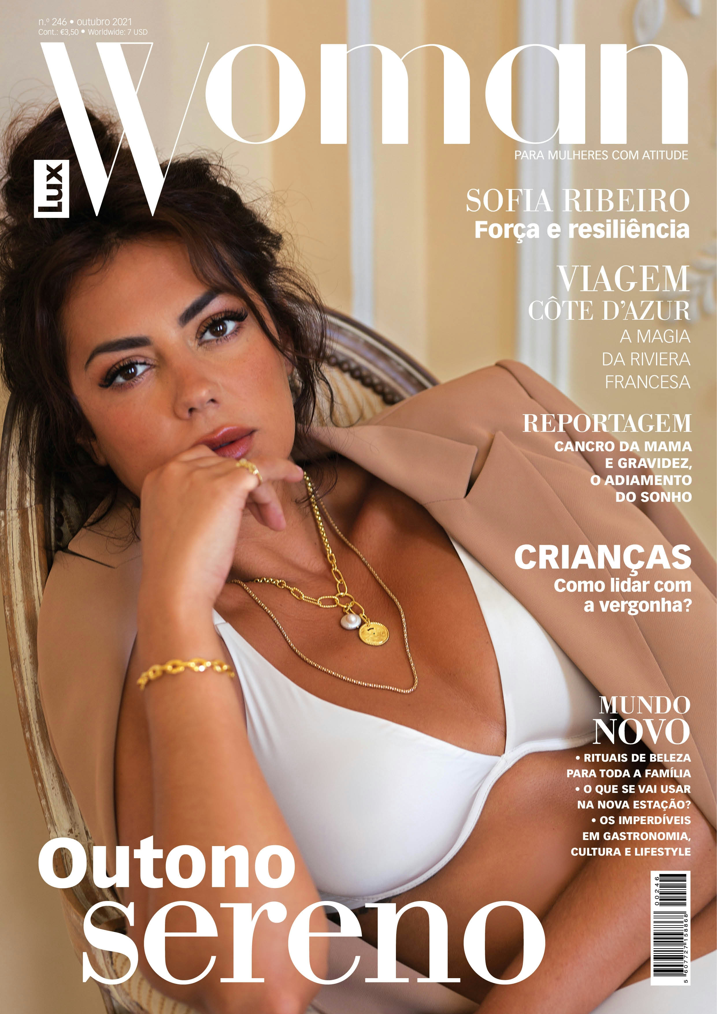 Actress Sofia Ribeiro on the front cover of luxwoman magazine wearing a white coat in a pastel cremy ambient 